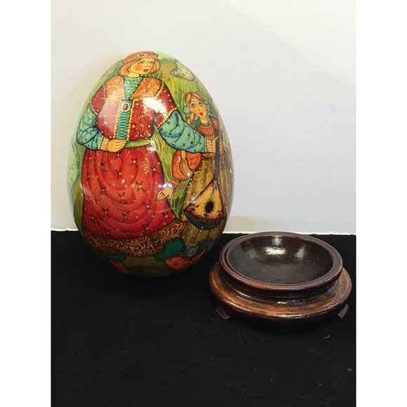 Vintage Russian Painted Lacquered Wooden Egg Folk Art with Stand 6'' Tall - Picture 9 of 14